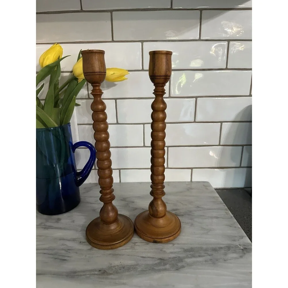 Vintage Wood Turned  Victorian Style Spindle Candlestick Holders Set 2 Indonesia